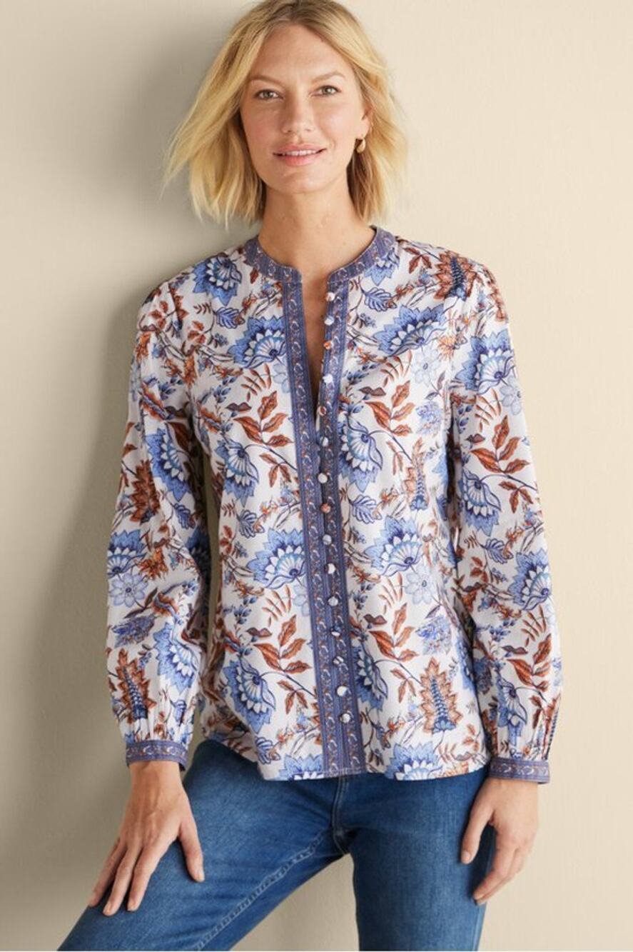Soft Surroundings Womens Tracy Top Missy Button Front Chambray Calico Size M
